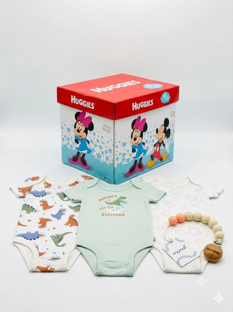 BODY NIÑO HUGGIES PACK X3 ALGODÓN ORGÁNICO VERDE DISEÑO JURÁSICO 6 MESES  + PORTACHUPÓN Y CAJA DISNEY DE REGALO