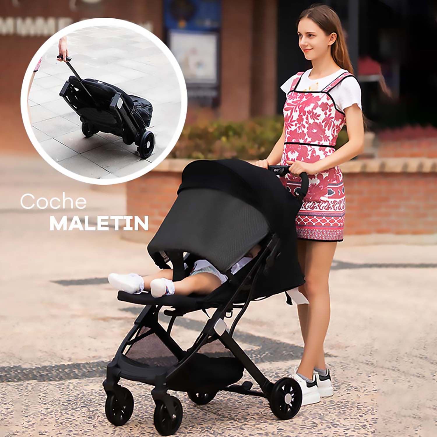 COCHE DE BEBE ESTILO MALETIN PLEGABLE COLOR NEGRO - NEGRO