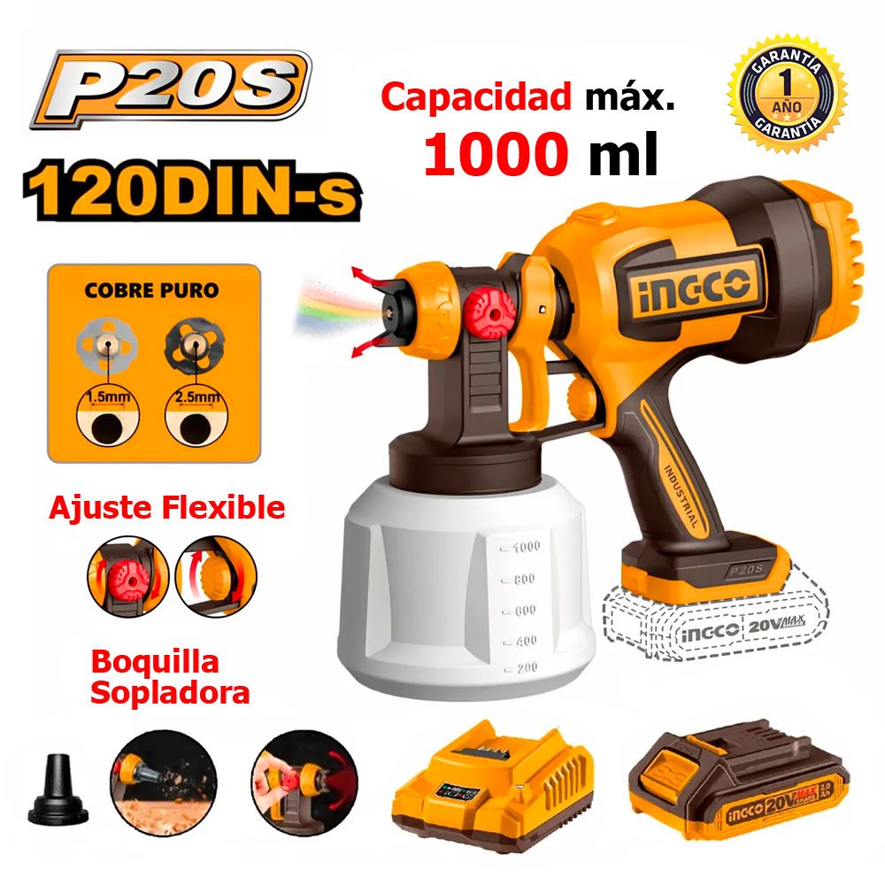 Pistola Para Pintar Inalámbrica Ingco CSGLI20042 20V Vaso Plástico 1000ml 1Bat x 2Ah