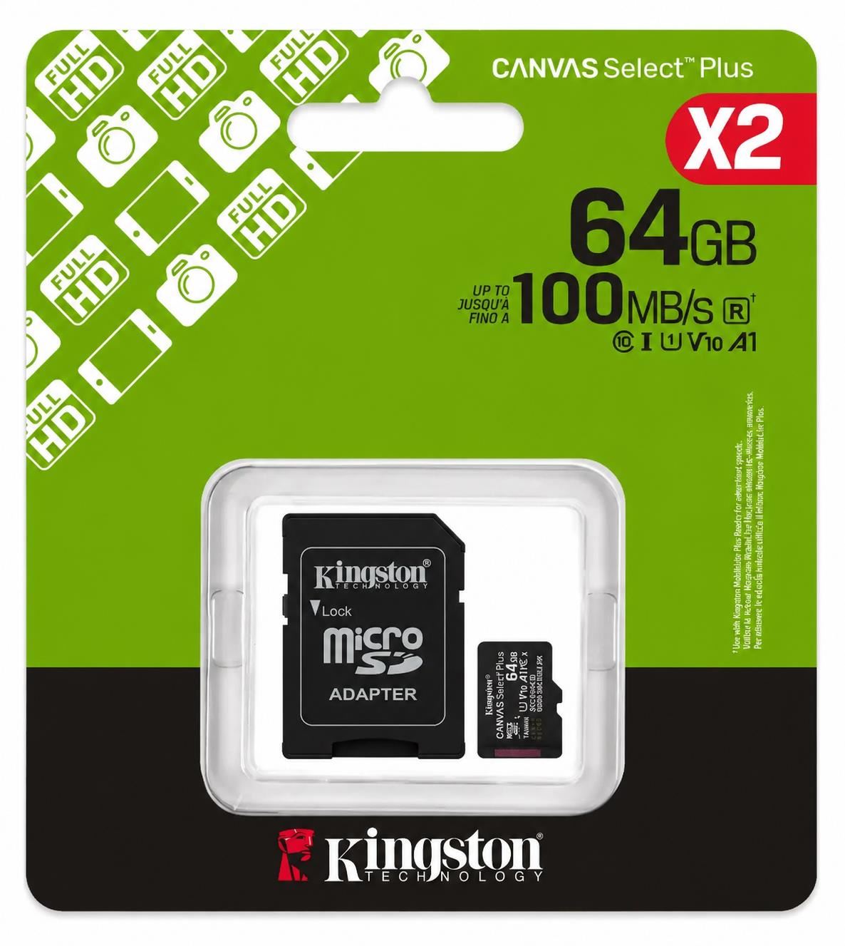 KIT 2 Memoria MicroSD Kingston Canvas Select Plus 64GB 100MB/s UHS-I A1 + Adaptador