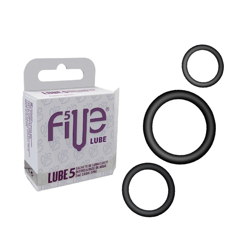 Kit de 03 Anillos para Pene CockRing + Lubricante Five 05 Sachets