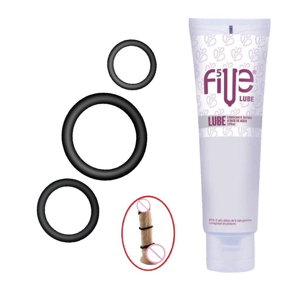 Kit de 03 Anillos para Pene CockRing + Lubricante Five Base de Agua