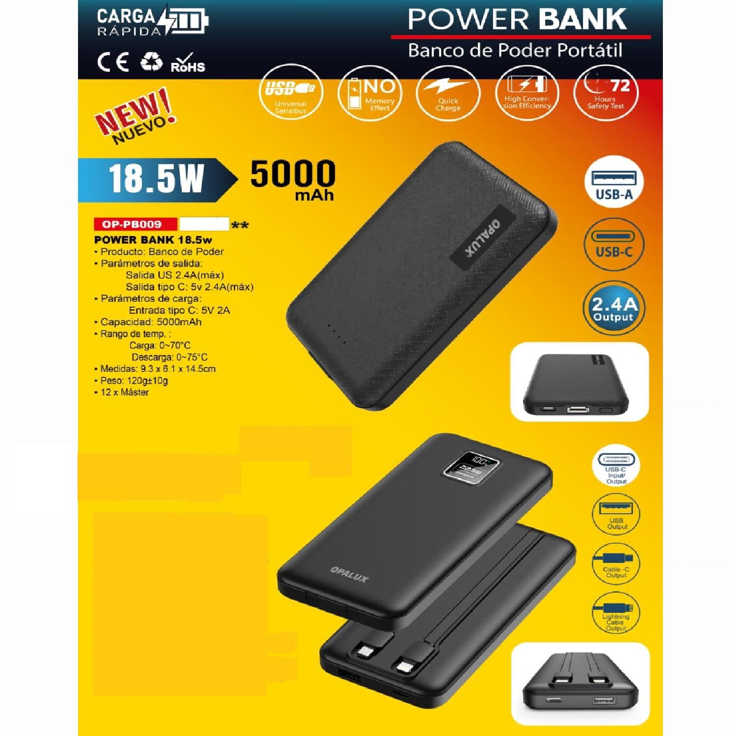 Power Bank Opalux 5000mAh Carga Rápida 18.5 W