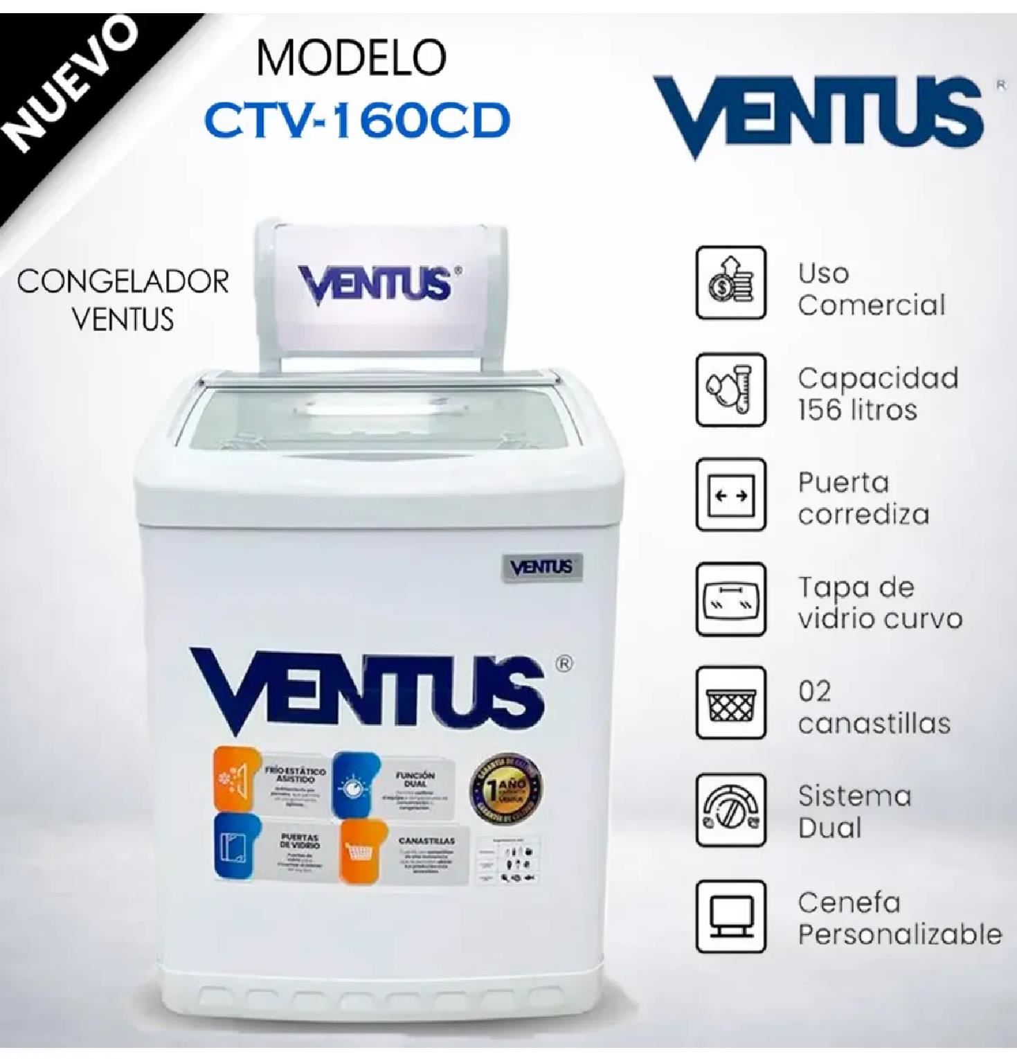 Congeladora Ventus CTV-160CD con Tapa de Vidrio 160L – Blanco