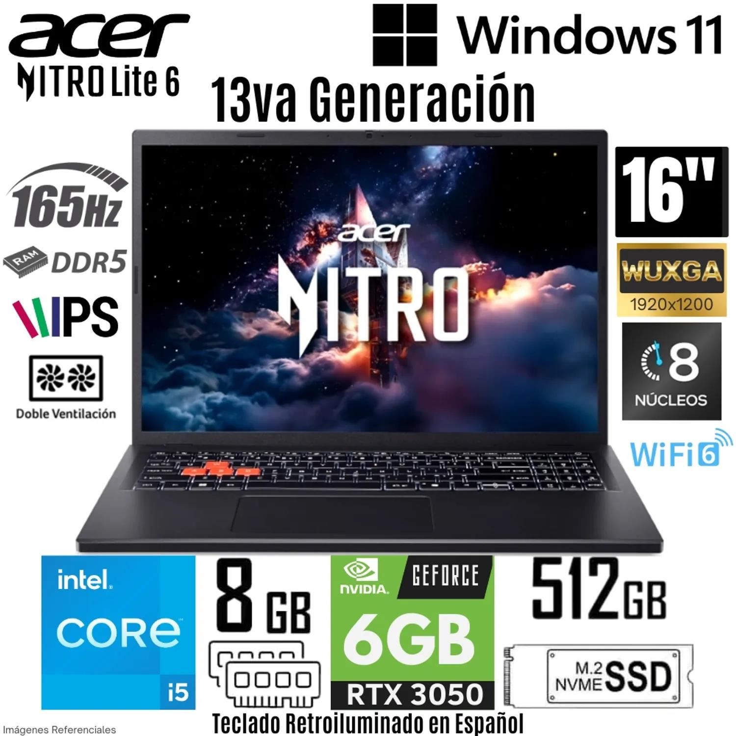 Laptop Acer Nitro Lite 6 NL16-71G-52K7 Intel Core i5-13420H 8GB RAM 512GB SSD RTX3050 6GB 16”