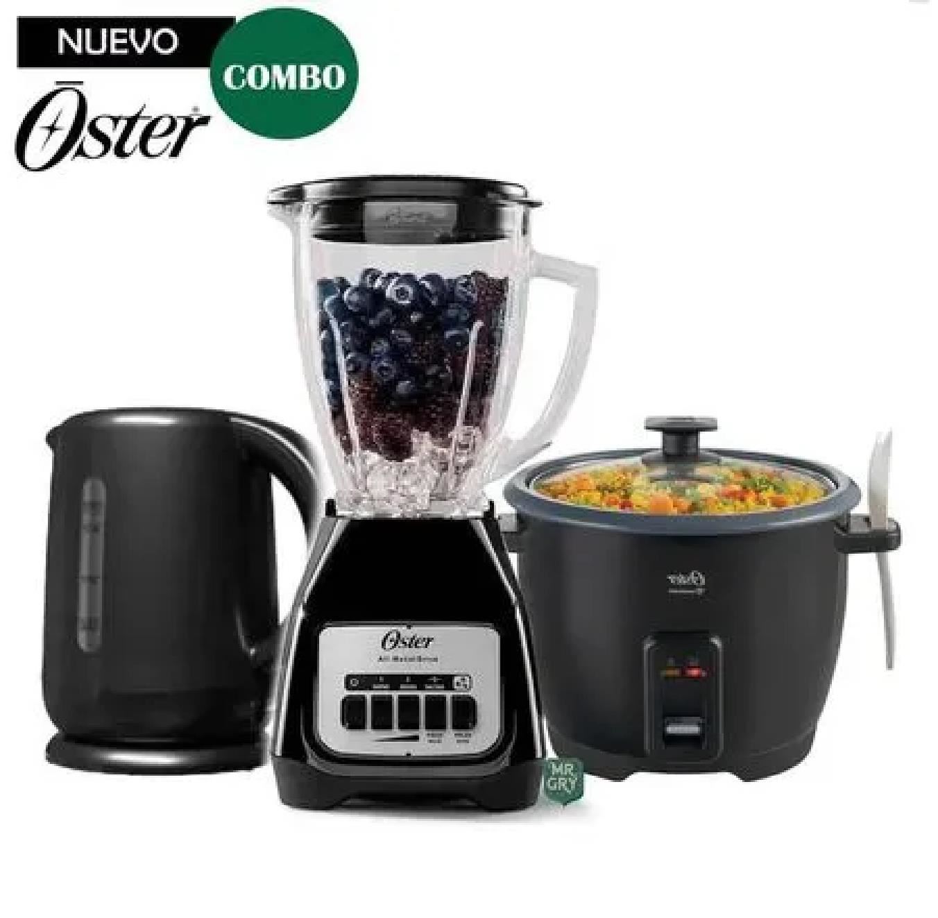 Tricombo Oster Licuadora BLSTKAGBPB + Hervidor + Olla Arrocera CKSTRCB10DFBLK