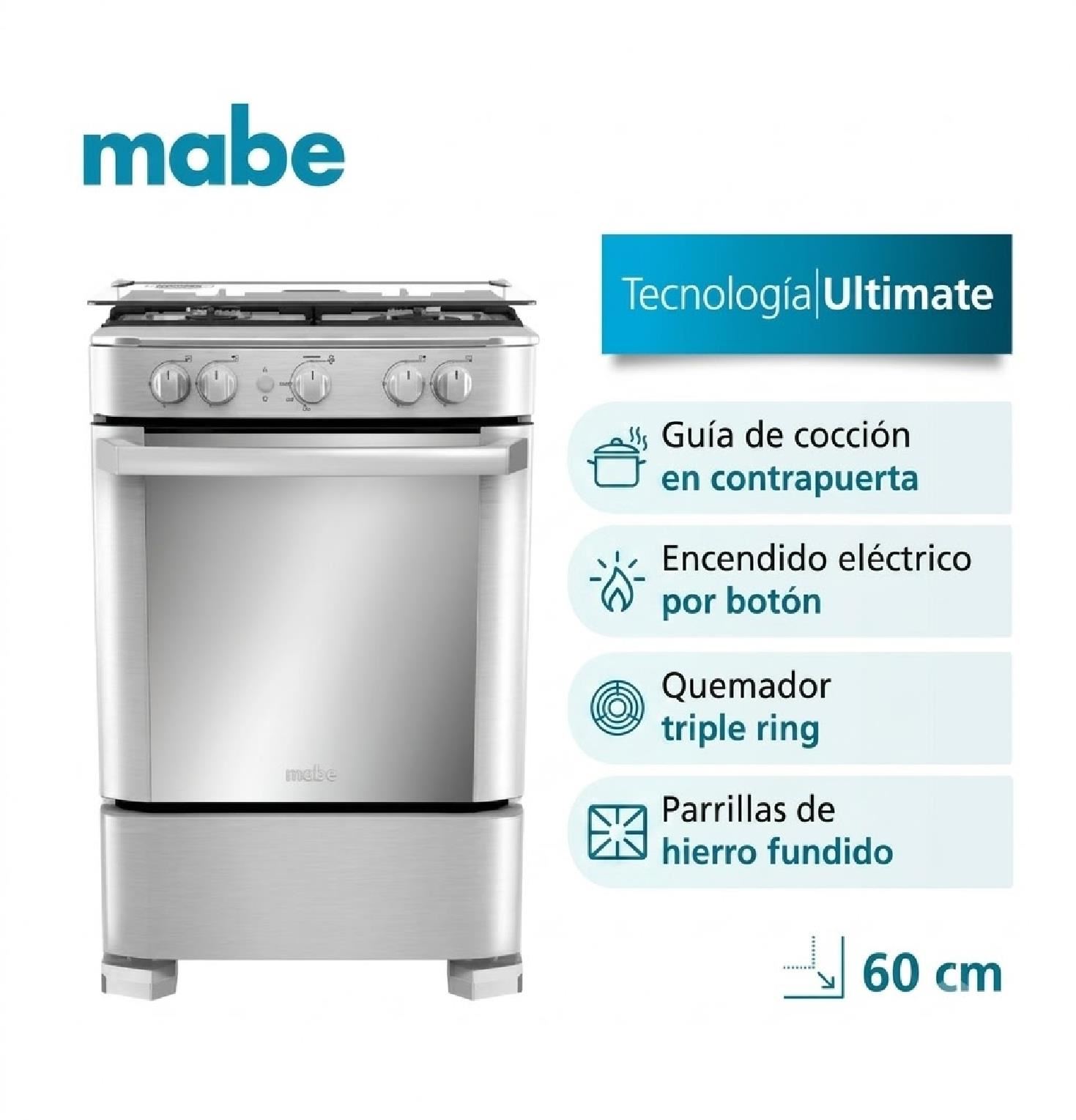 Cocina a Gas Mabe CMP6040FX1 de 60cm con 4 Hornillas - Inoxidable