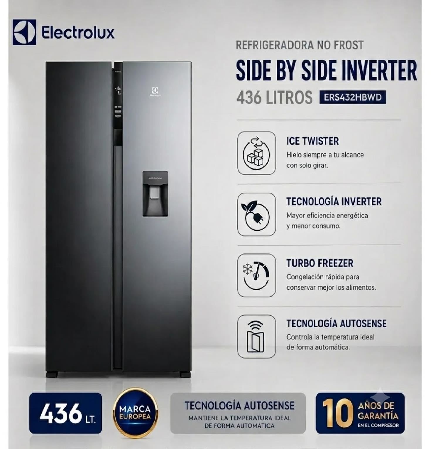 Refrigeradora Electrolux Side by Side No Frost Inverter ERS432HBWD de 436L – Negro