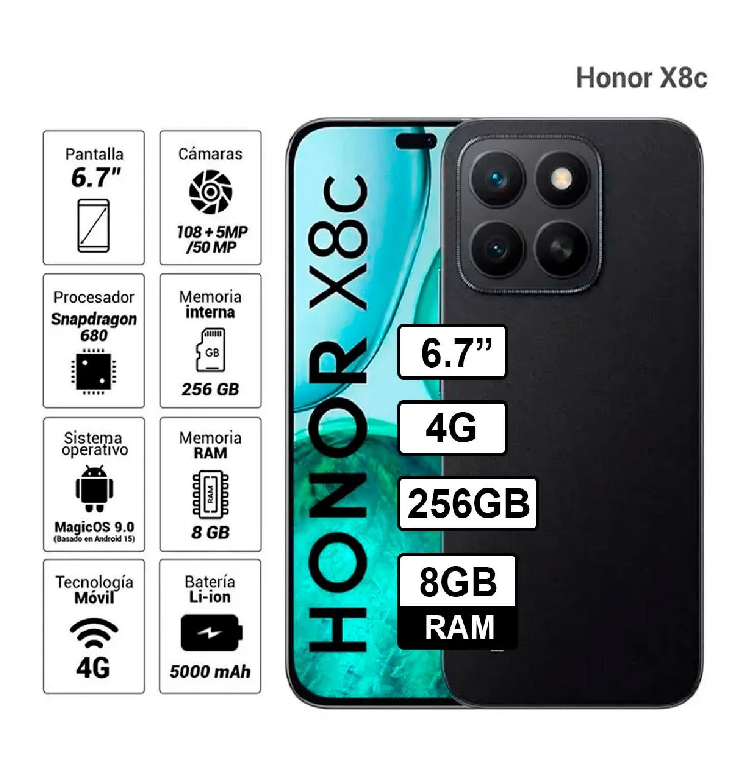 Celular HONOR X8c 8GB RAM 256GB Cámara 108MP – Negro