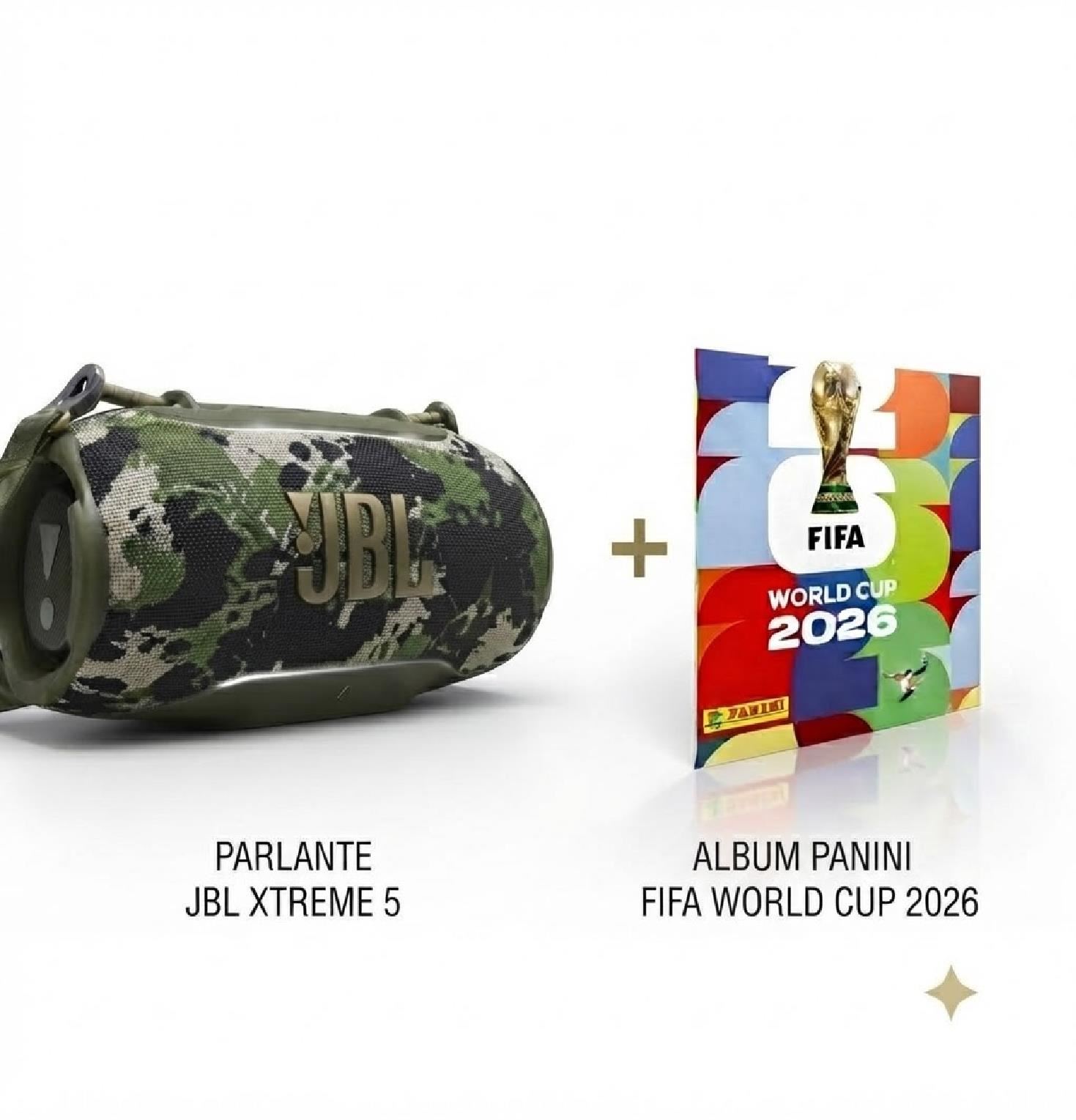 Parlante JBL Xtreme 5 Camuflado + Álbum Oficial Panini FIFA World Cup 2026.