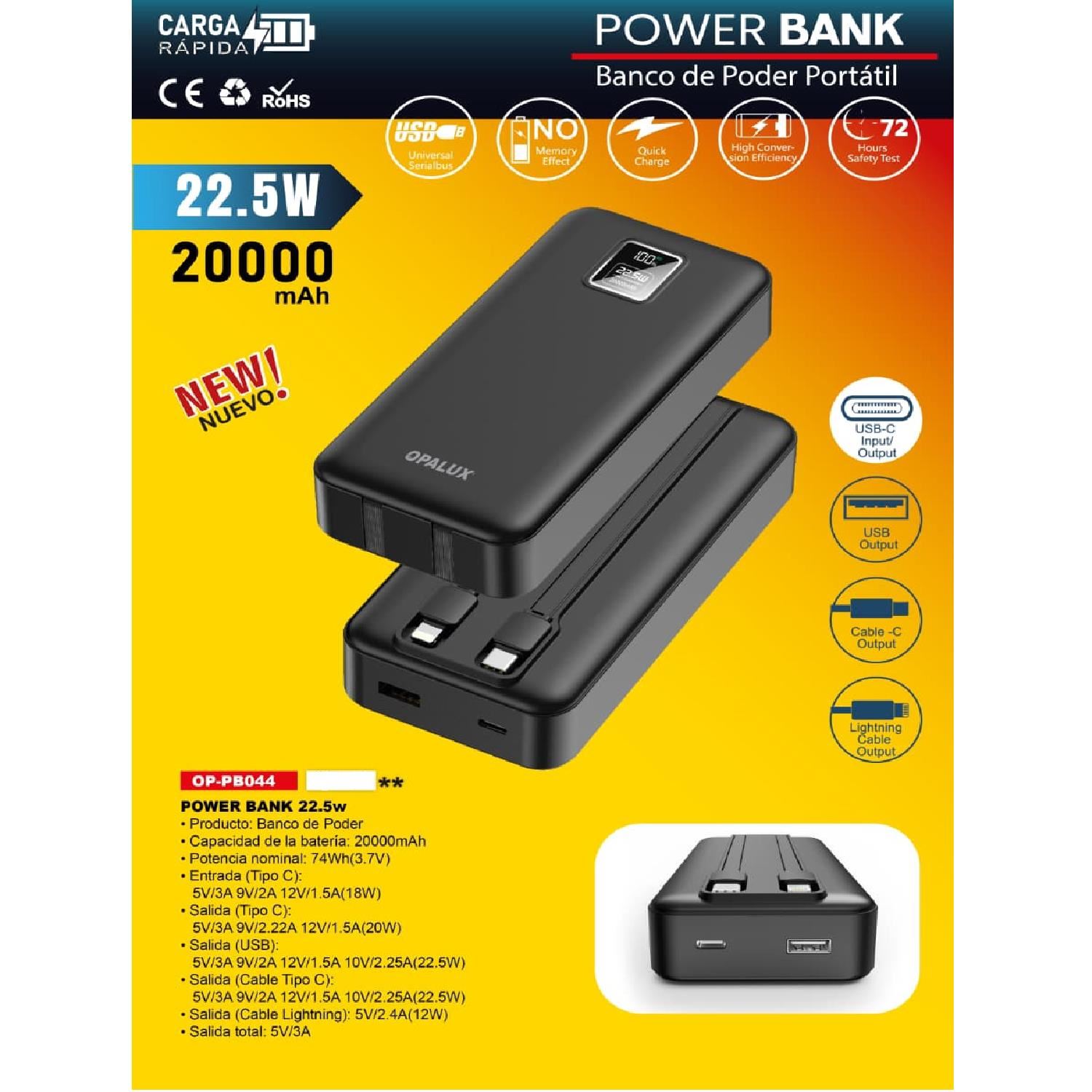 Power Bank Opalux 20000mAh Carga Rápida 22.5W