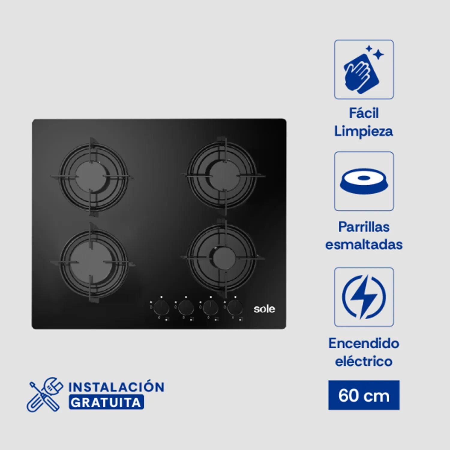 Cocina Empotrable a Gas Sole SOLCO049 4 Hornillas 60 cm - Negro
