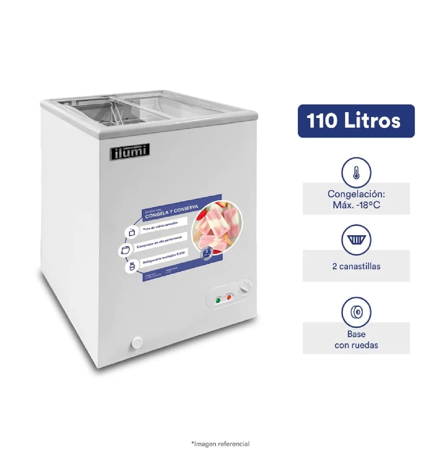 Congelador Ilumi TF-1100 Tapa de Vidrio Horizontal 110L – Blanco
