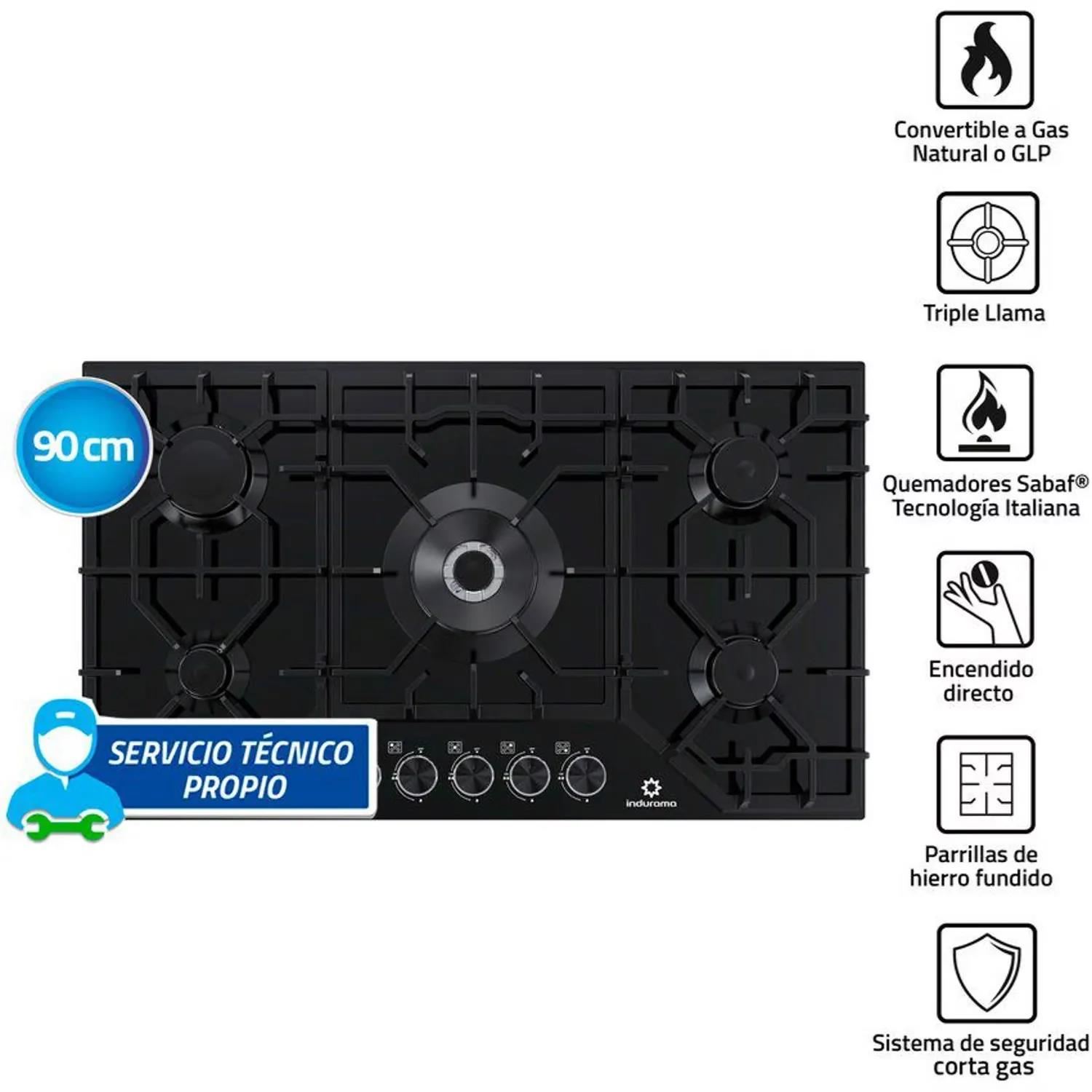 Encimera a Gas Indurama 5 Quemadores EGASI-905CGNE – Negro