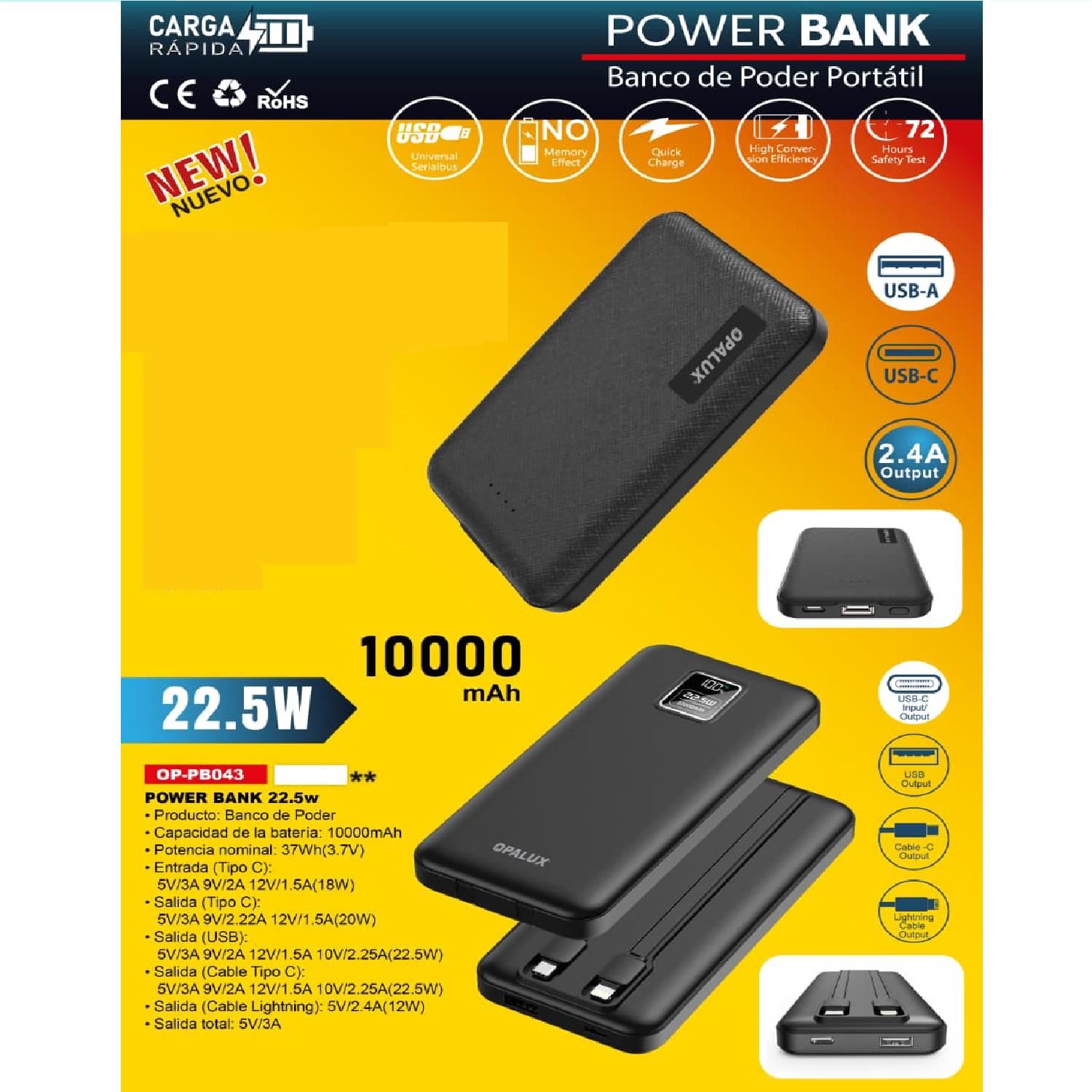 Power Bank Opalux 10000mAh Carga Rápida 22.5W