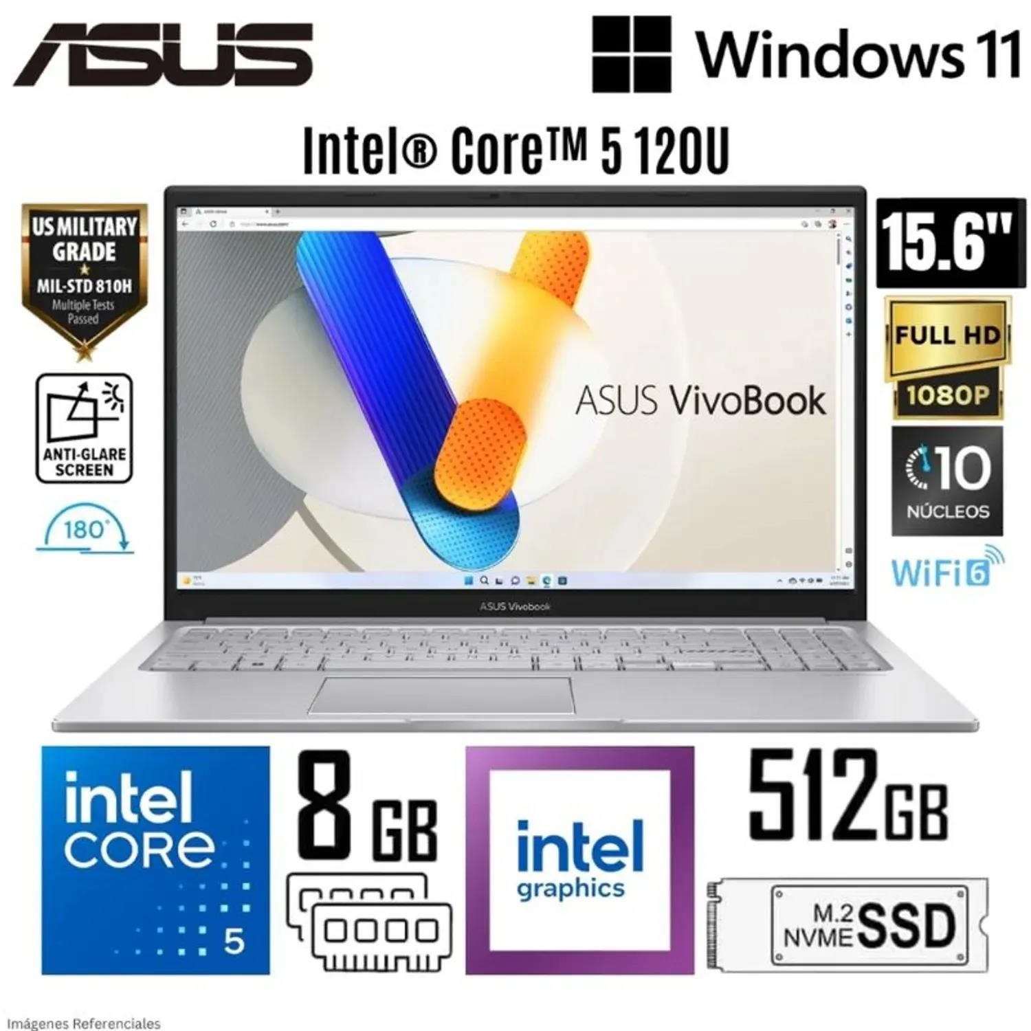 Laptop ASUS Vivobook X1504VA-NJ686W 15.6” Core 5-120U 8GB RAM 512GB SSD Windows 11 Home – Silver
