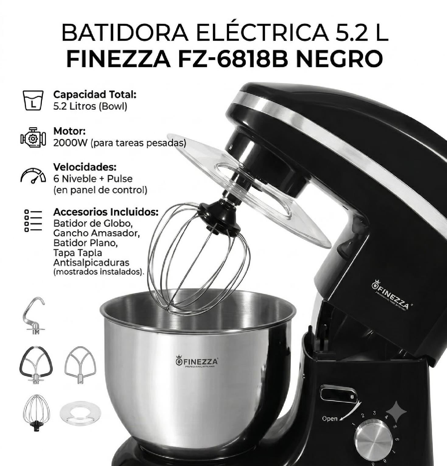 Batidora de Pie FINEZZA FZ-6818B 5.2L 2000W – Negra