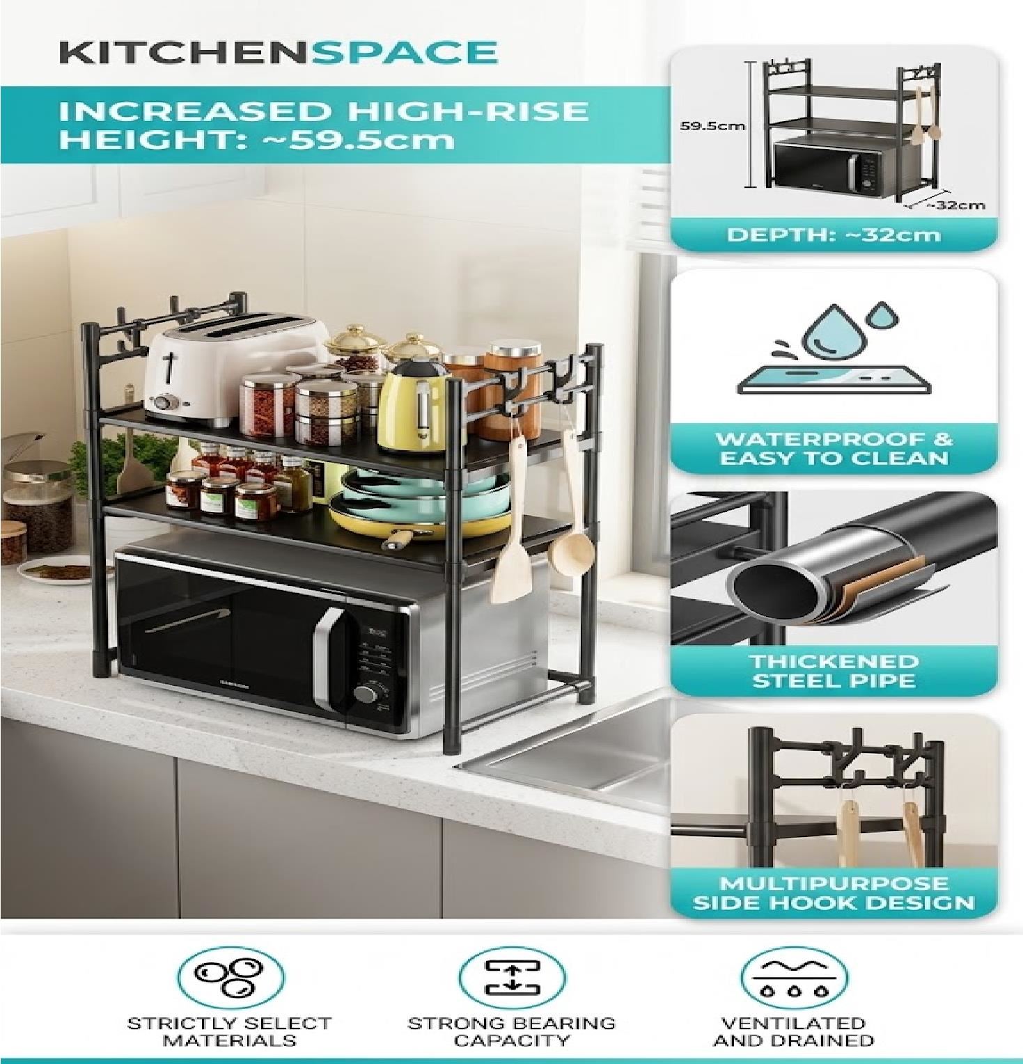 Estante Organizador de Cocina Multifuncional de 3 Niveles - Negro