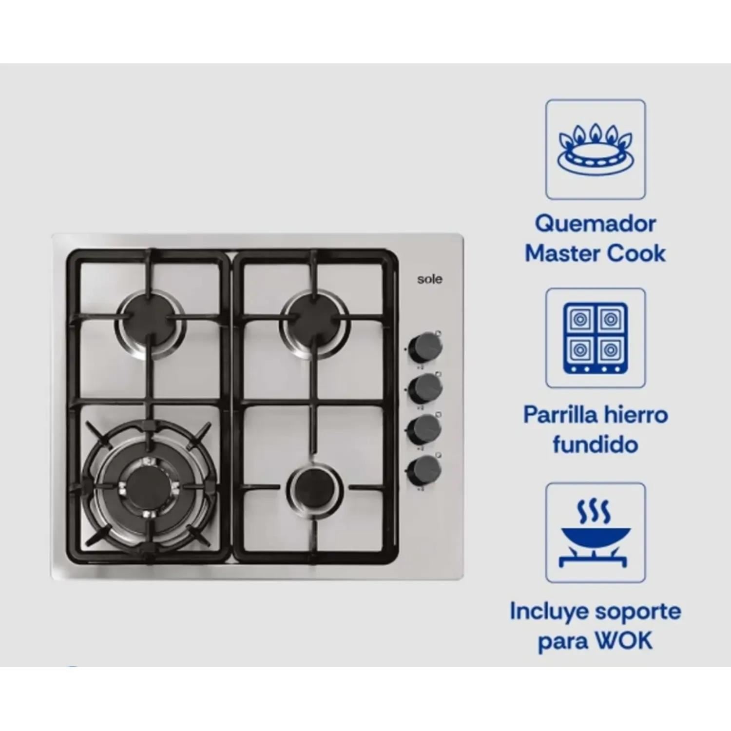 Cocina Encimera a Gas de Acero Inoxidable 58 cm Sole SOLCO036V2