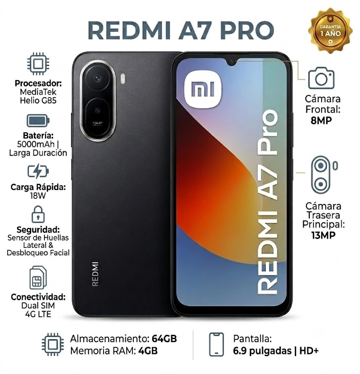 Celular Xiaomi Redmi A7 Pro 64GB 4GB RAM - Negro
