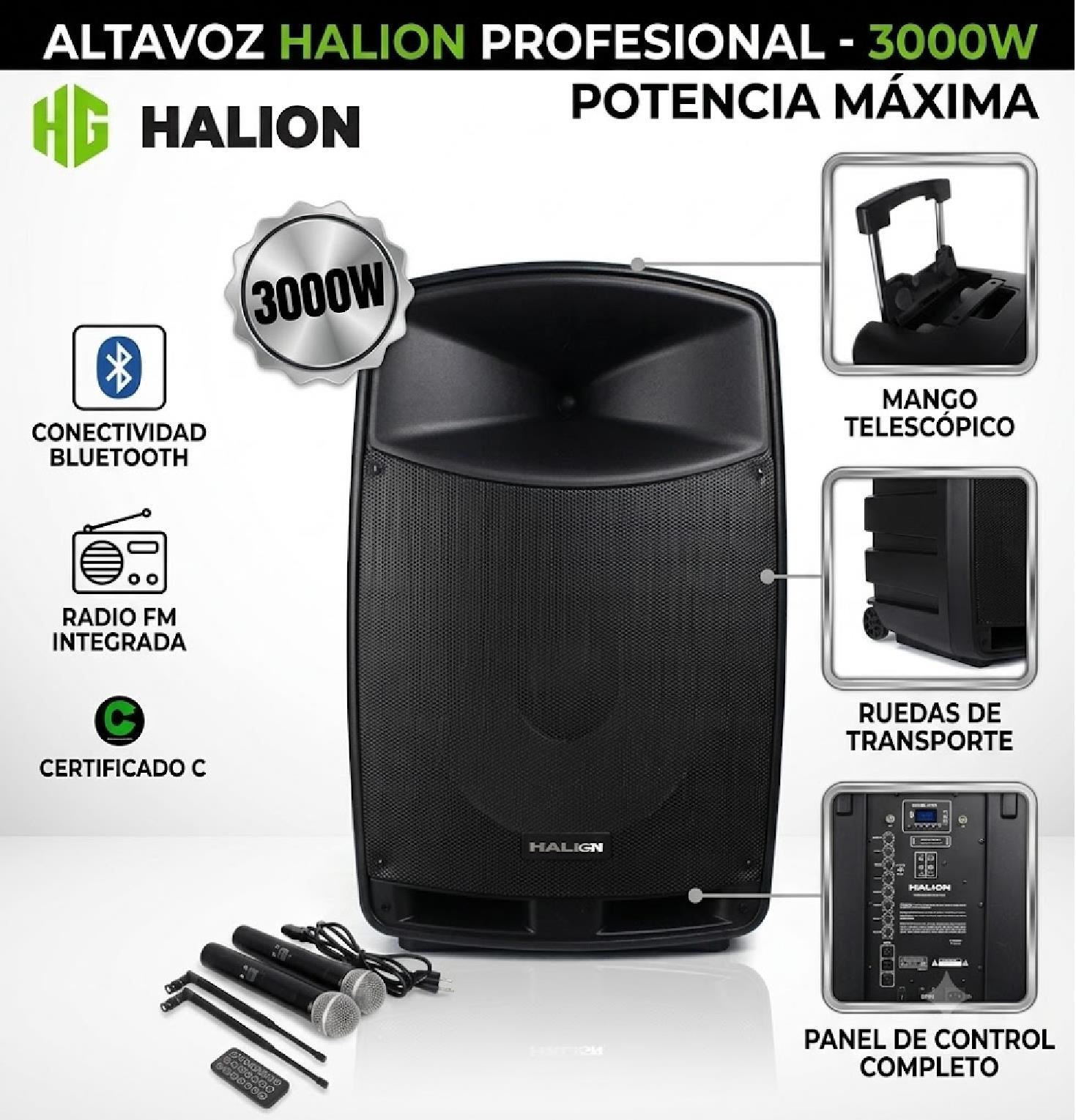 Parlante Activo Profesional HALION PHA-15F 2UHF 3000W - Negro