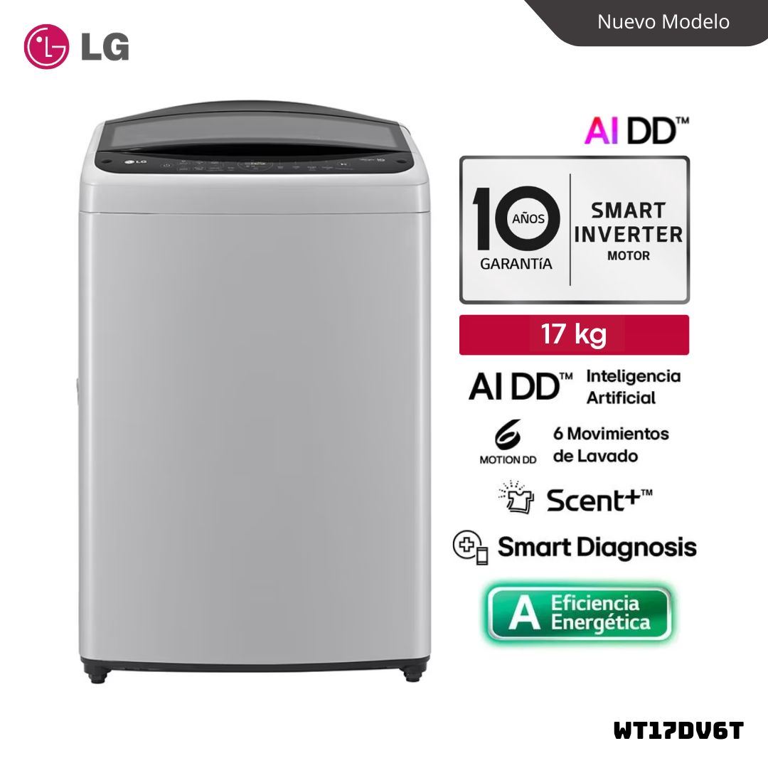 LAVADORA LG CON INTELIGENCIA ARTIFICIAL 17 KG CARGA SUPERIOR GRIS - WT17DV6T