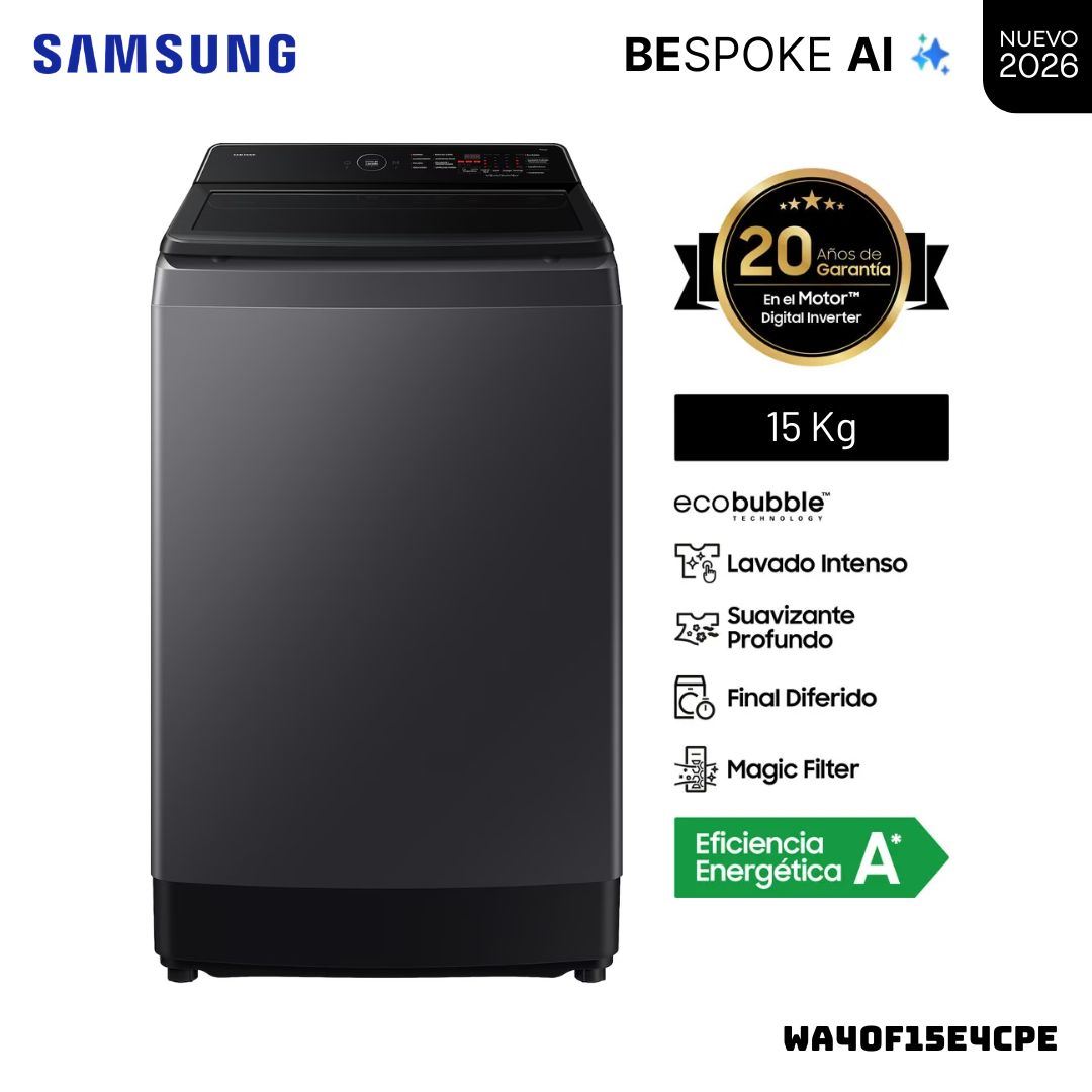 LAVADORA SAMSUNG ECOBUBBLE AI 15 KG CARGA SUPERIOR GRIS GRAFITO - WA40F15E4CPE