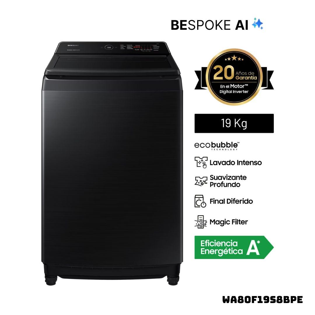 LAVADORA SAMSUNG ECOBUBBLE AI 19 KG CARGA SUPERIOR NEGRO - WA80F19S8BPE