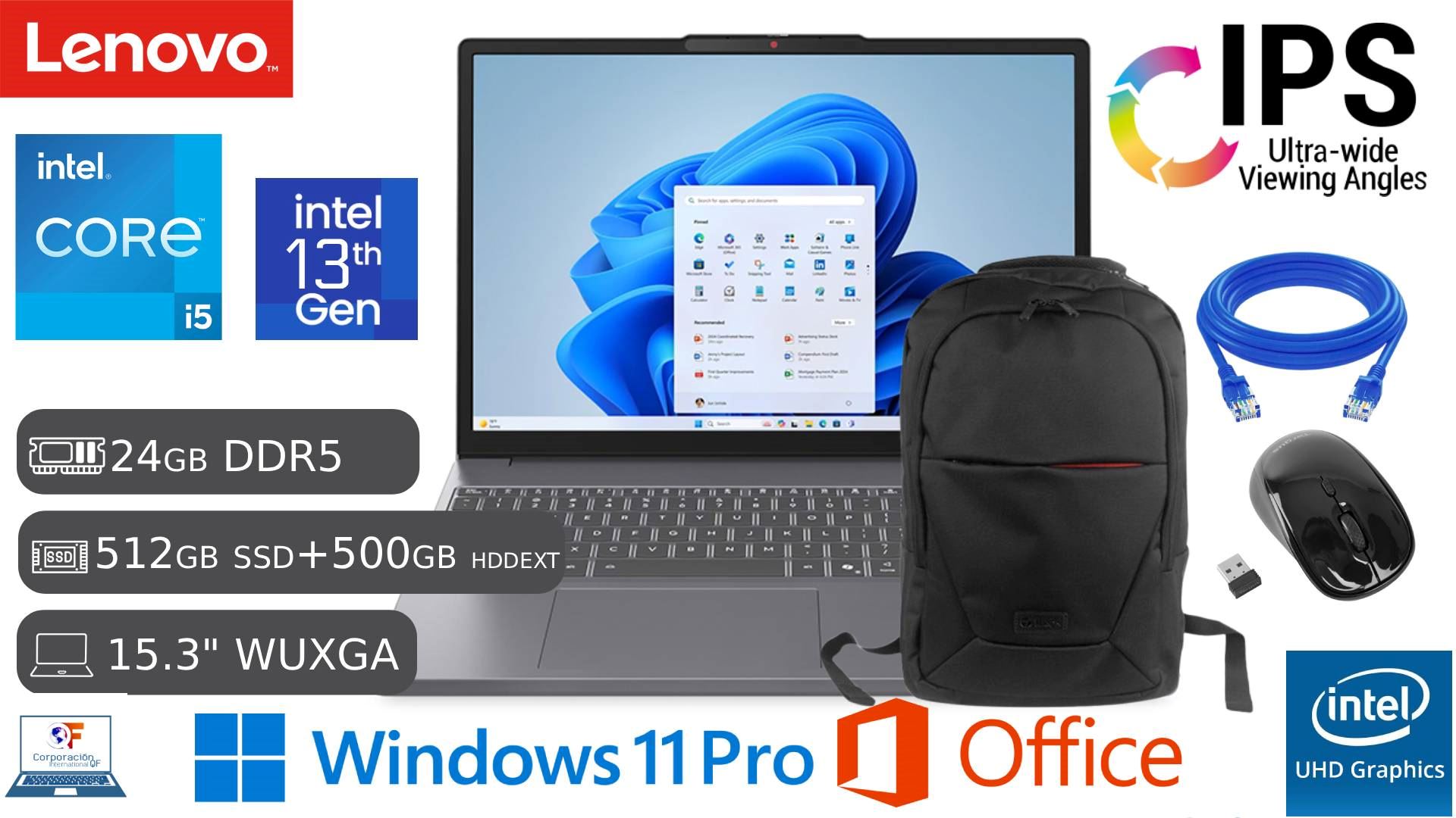 Lenovo Táctil I5 13th 24GB DDR5 4800 Mhz RAM 512GB SSD + 500GB HDD EXT + MOCHILA + CABLE+ MOUSE