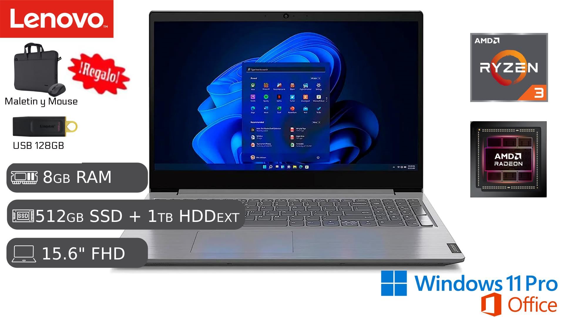Lenovo V15 G4 AMD RYZEN 3 7320U 8GB RAM 512GB SSD 1TB HDD EXT. 15.6" + USB 128GB + MALETIN Y MOUSE