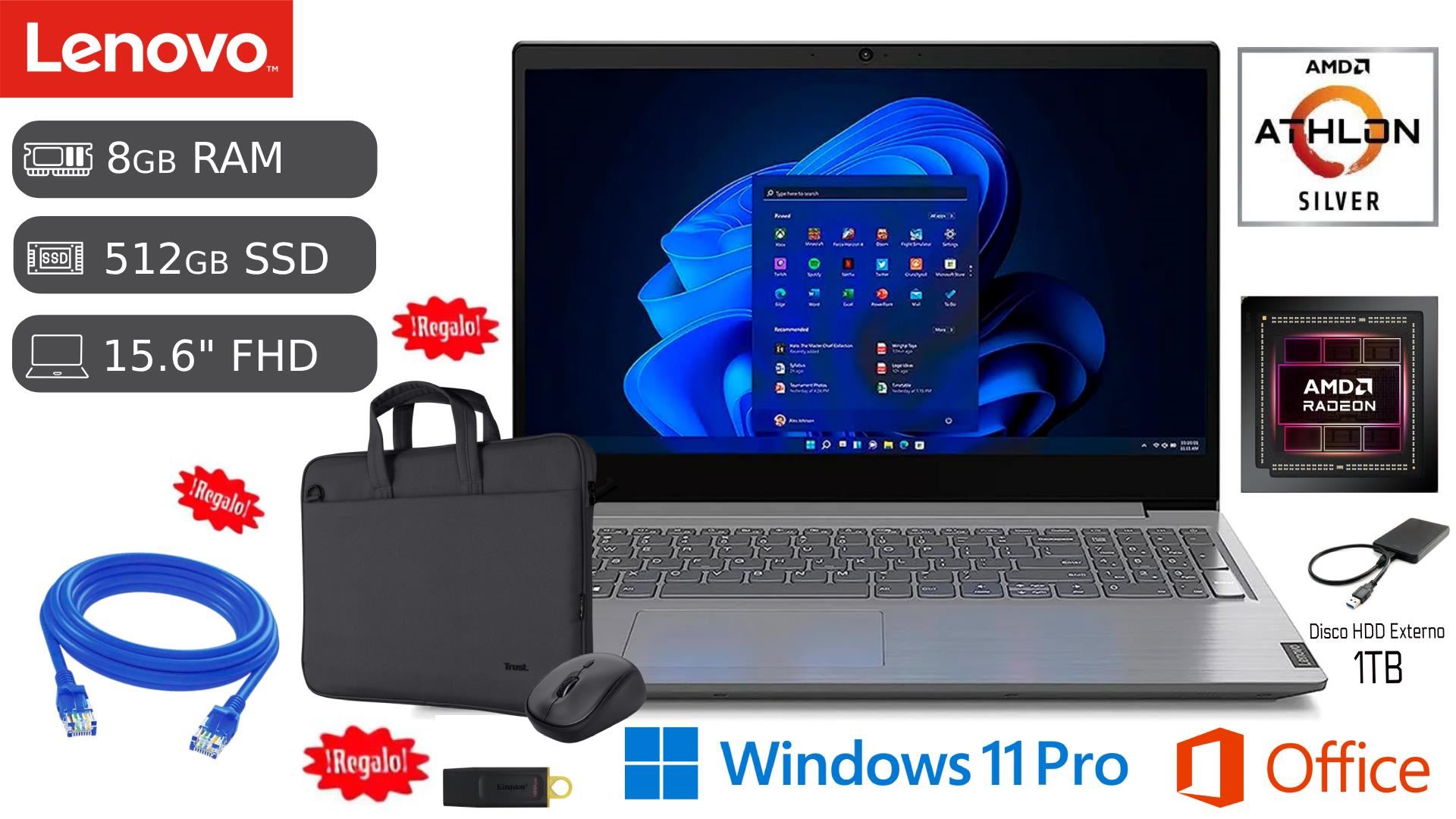 Laptop Lenovo V15 G4 AMD Silver 7120U 8GB RAM 512 SSD 1TB HDD EXT + 128GB USB + CABLE DE RED +20 METROS