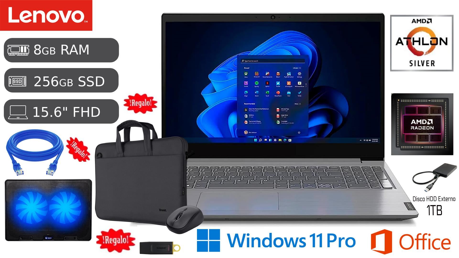 Lenovo V15 G4 AMD SILVER 8GB RAM 256GB SSD 1TB HDD EXT. 15.6 + COOLER + CABLE RED + USB 128GB