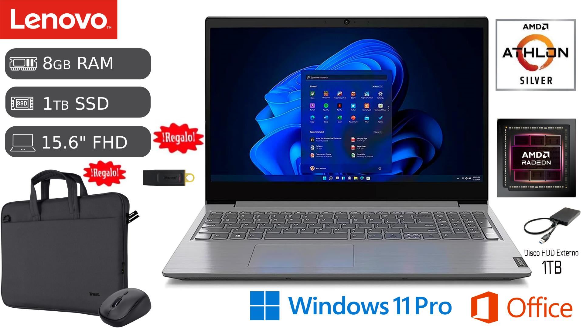Laptop Lenovo V15 G4 AMD Silver 7120U 8GB RAM 1TB SSD 1TB HDD EXT +128GB USB