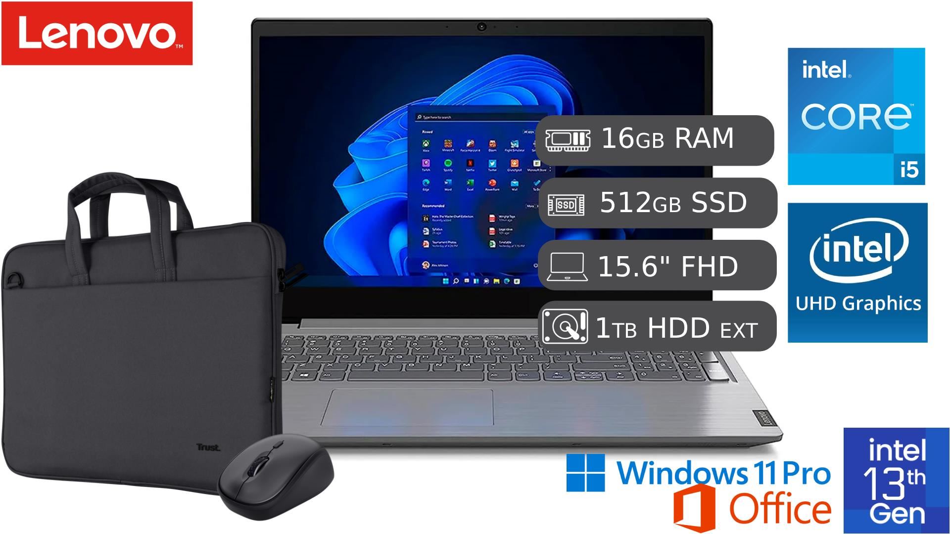 Laptop Nueva Lenovo V15 G4 IRU Core I5 13va Gen 16GB RAM 512GB SSD + 1TB HDD EXTERNO + MALETIN Y MOUSE