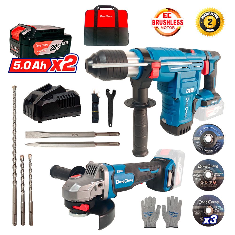 Combo Dongcheng Brushless Inalámbrico DCKIT59.02FK Rotomartillo SDS Plus 3.5J + Amoladora 5" 3 Velocidades Hombre Muerto