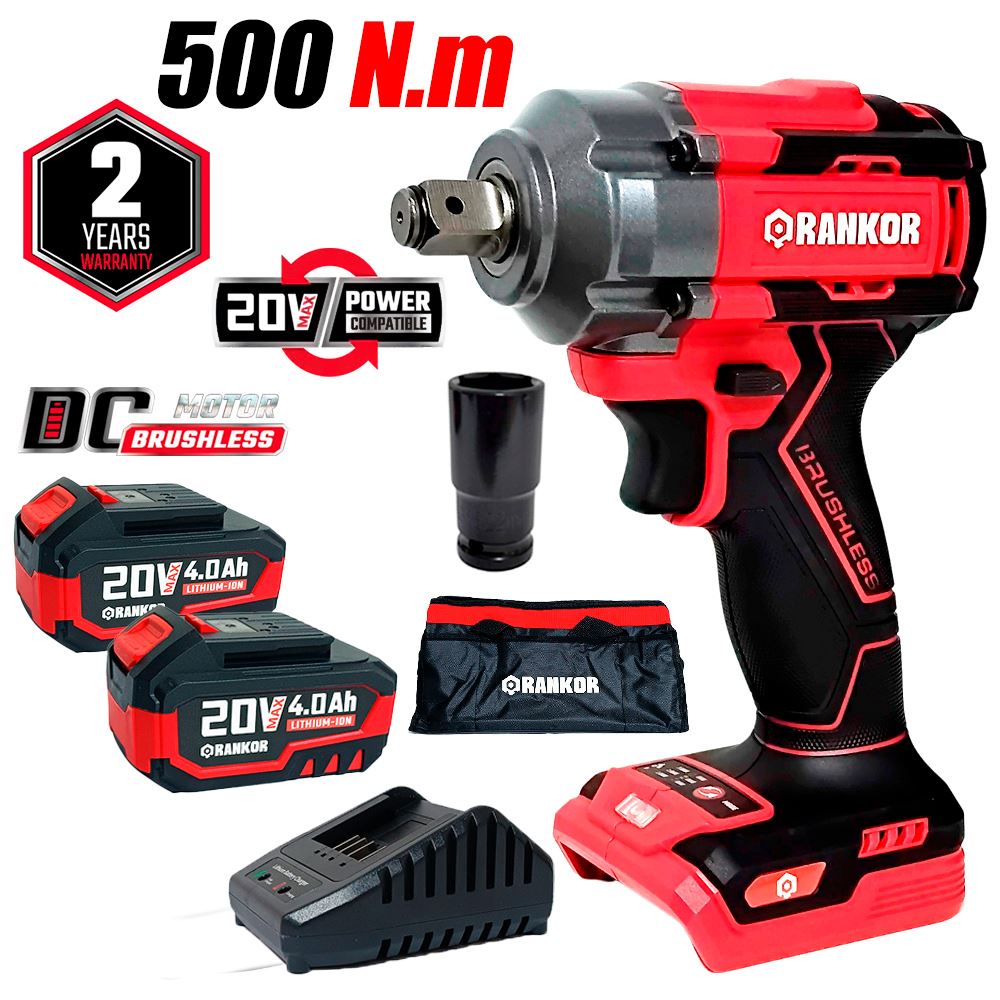 LLAVE DE IMPACTO INDUSTRIAL 1/2" RANKOR RLIW20002 20V 500NM 2BAT X 4AH BRUSHLESS