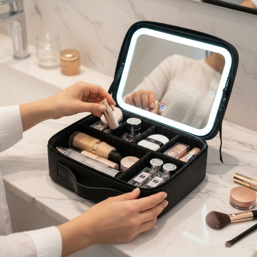 Neceser De Maquillaje Con Espejo Led Organizador de Cosméticos