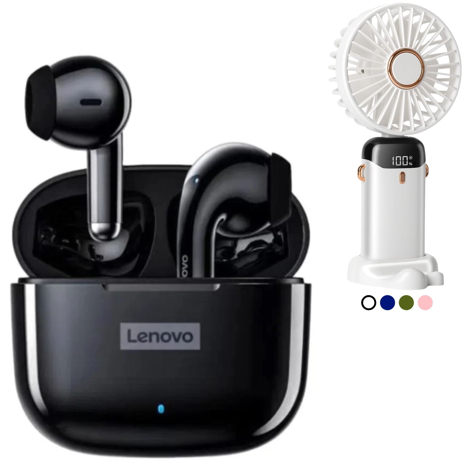 Audifonos Bluetooh Lenovo LP40 Pro Negro + Ventilador de mano escritorio 5 velocidades de regalo