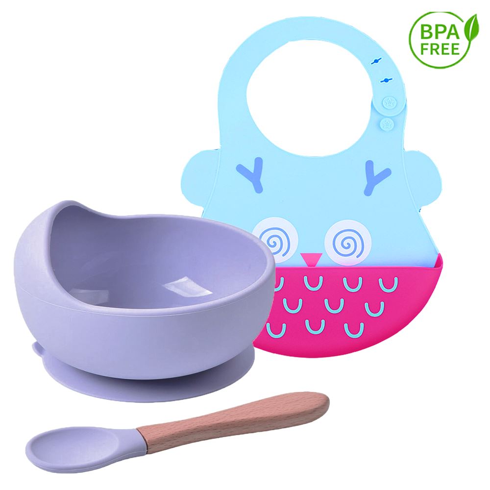 Pack para Bebe Babero Buho con Cuenco Lila con cuchara