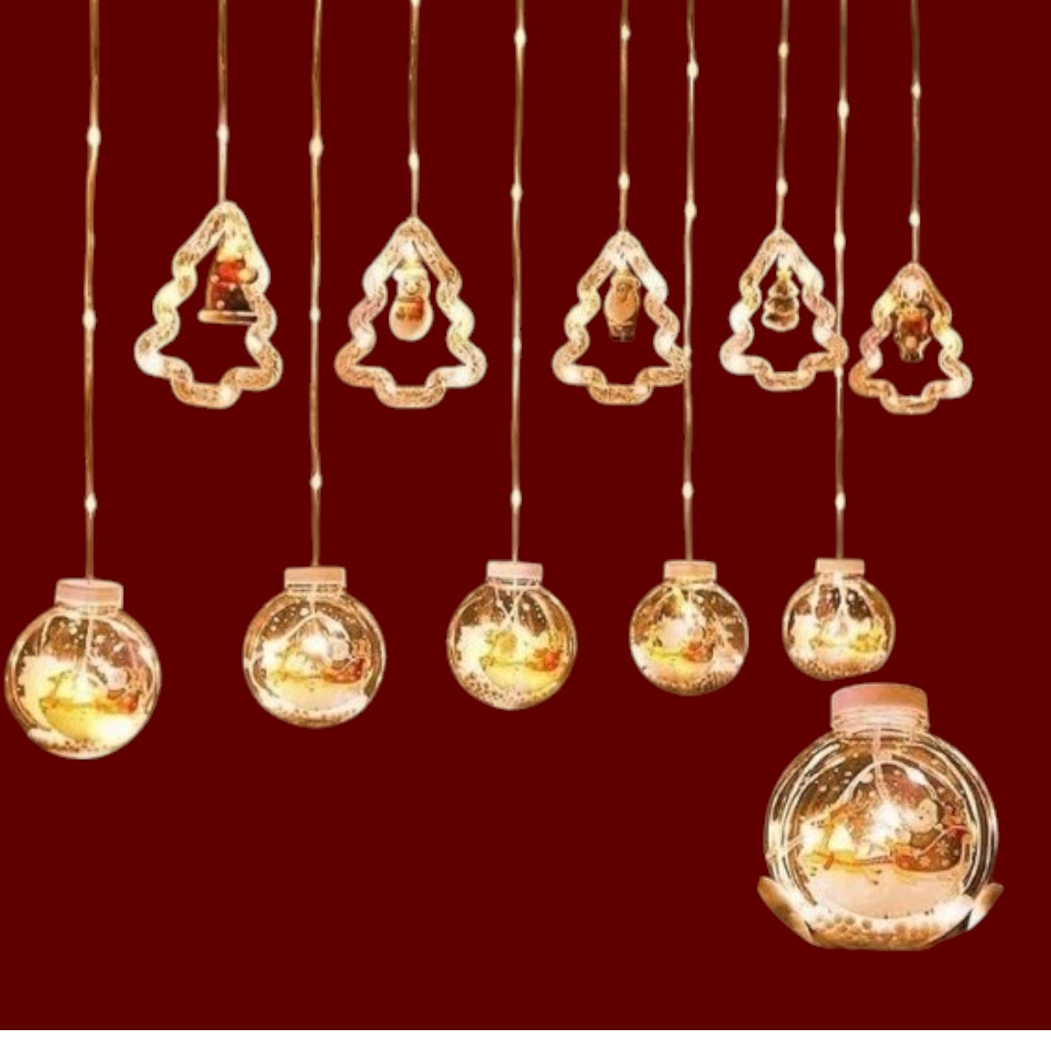 Luces cortina de navidad diseño figuras esferas - Tono cálido