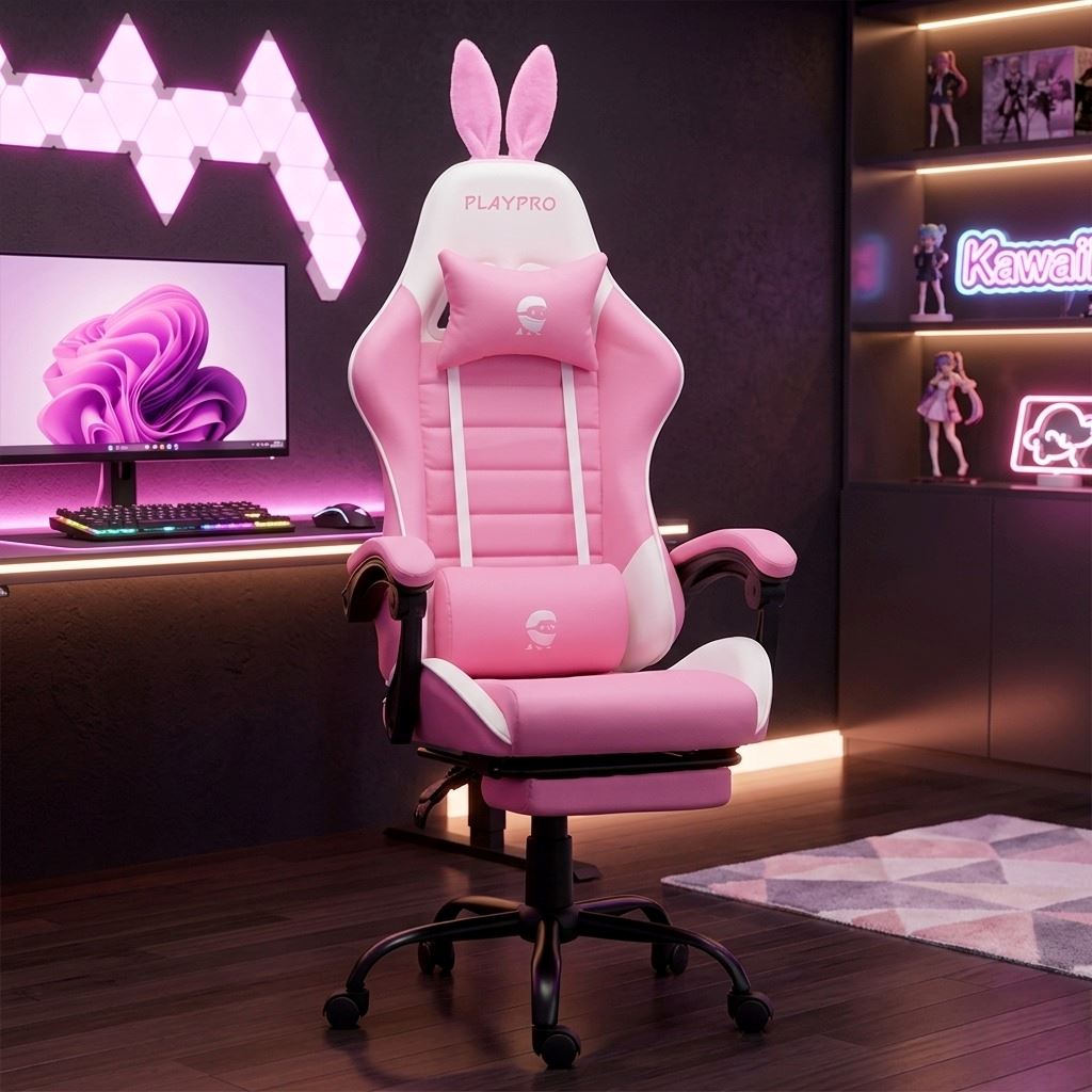 Silla Gamer con Masajeador Lumbar Playpro X1 Rosado Bunny Base Metal