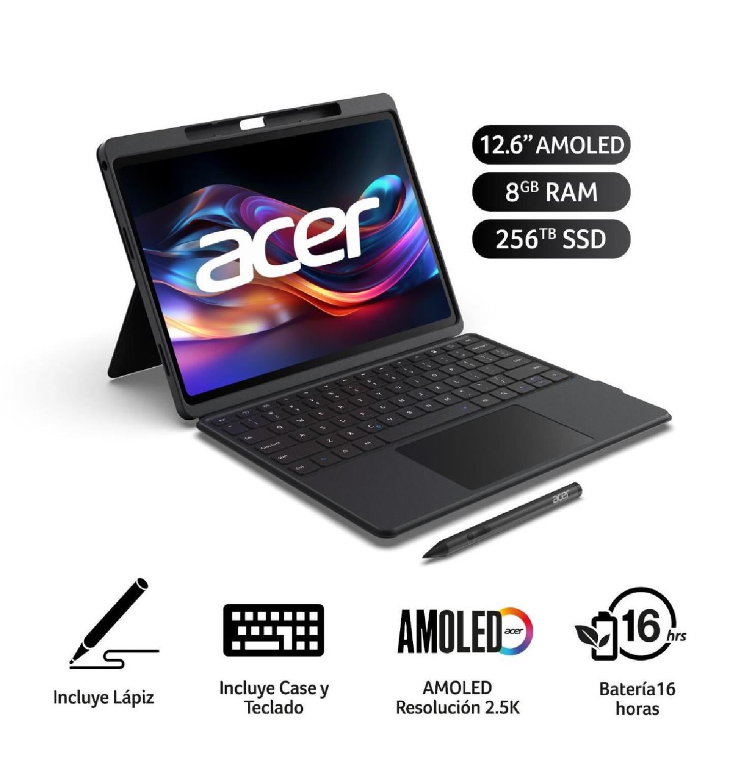 Tablet Acer Icónica X12 OLED 12.6” 8GB RAM 256GB + Teclado, Lápiz y Case – Olivine Black