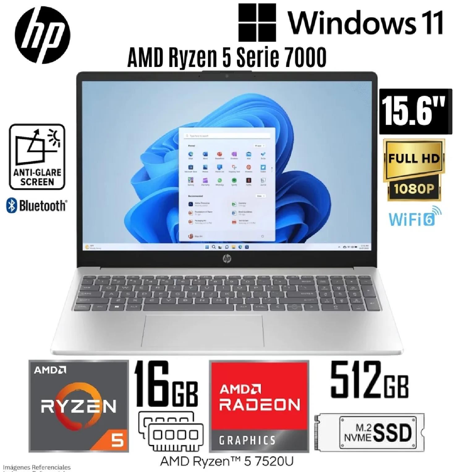 Laptop HP 15-FC0256LA Ryzen 5 7520U 16GB RAM 512GB SSD 15.6” FHD Windows 11 Pro