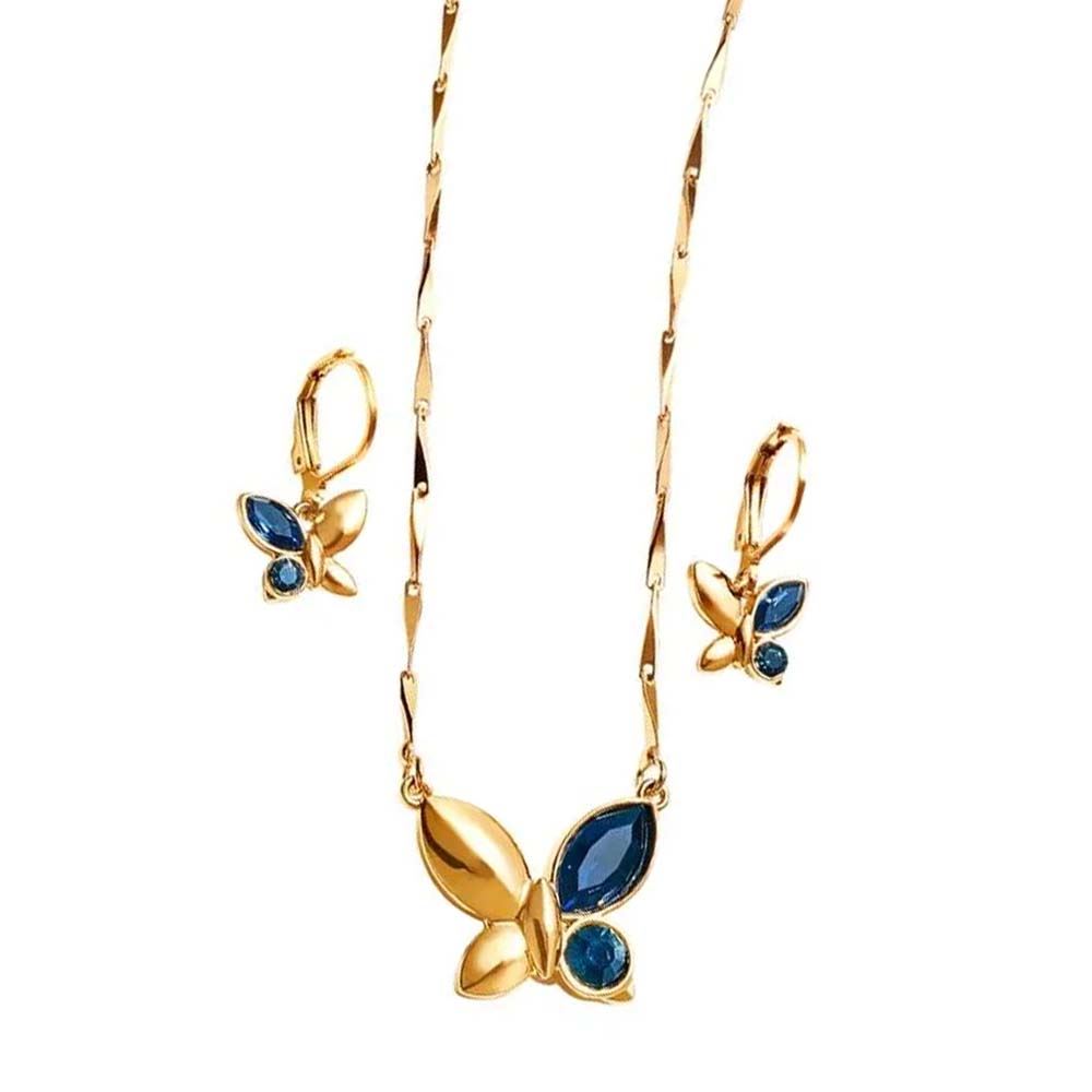 Set Aretes y Collar Break Free Mariposa Dorado y Azul Esika Original Oro 24K