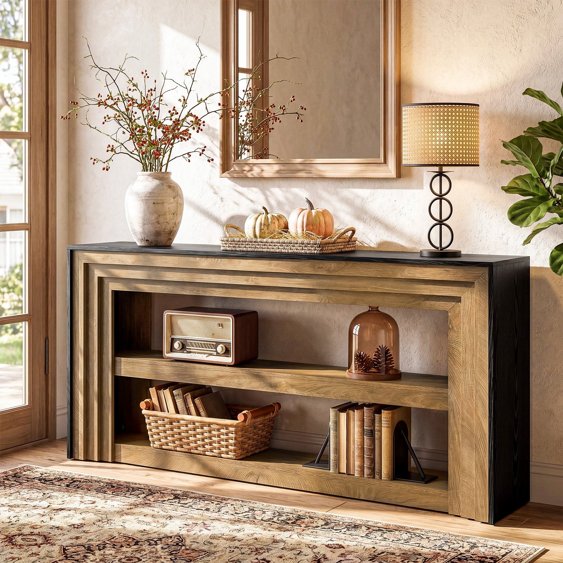 APARADOR RECIBIDOR MASSAL CON ESTANTES ROBLE NEGRO 160X82CM AliMueblesjyl