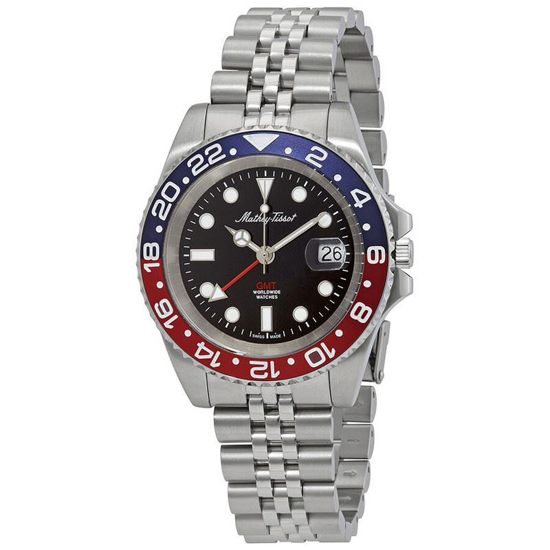Mathey-Tissot Mathy Vintage GMT Cuarzo Esfera Negra Bisel Rojo y Azul Acero Inoxidable H903AR