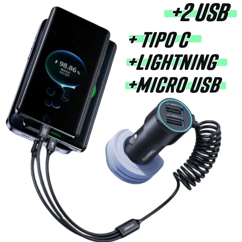Cargador Para Auto 5 en 1 Tipo C Usb Lightning Micro 2 USB Cable retraible