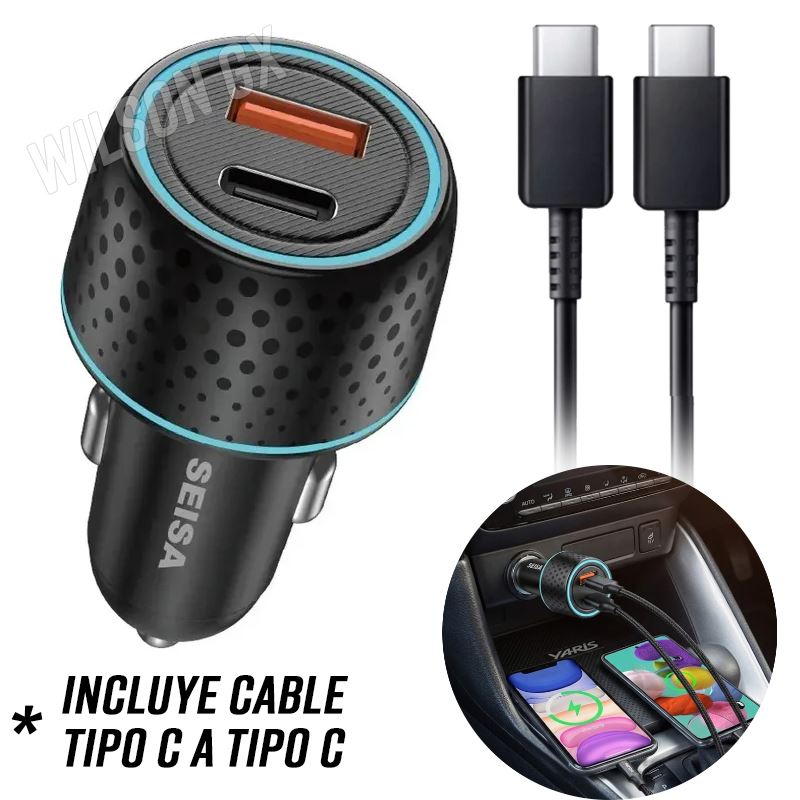 Cargador para Auto 2 en 1 Puerto USB y TIPO C 48w + Cable C a C