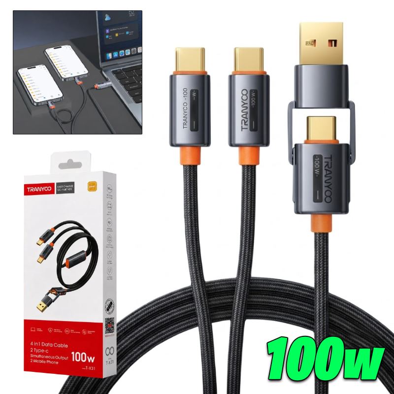 Cable Premium 4 En 1 Usb Y Usb C A 2 Usb Tipo C Carga Rápida 100w