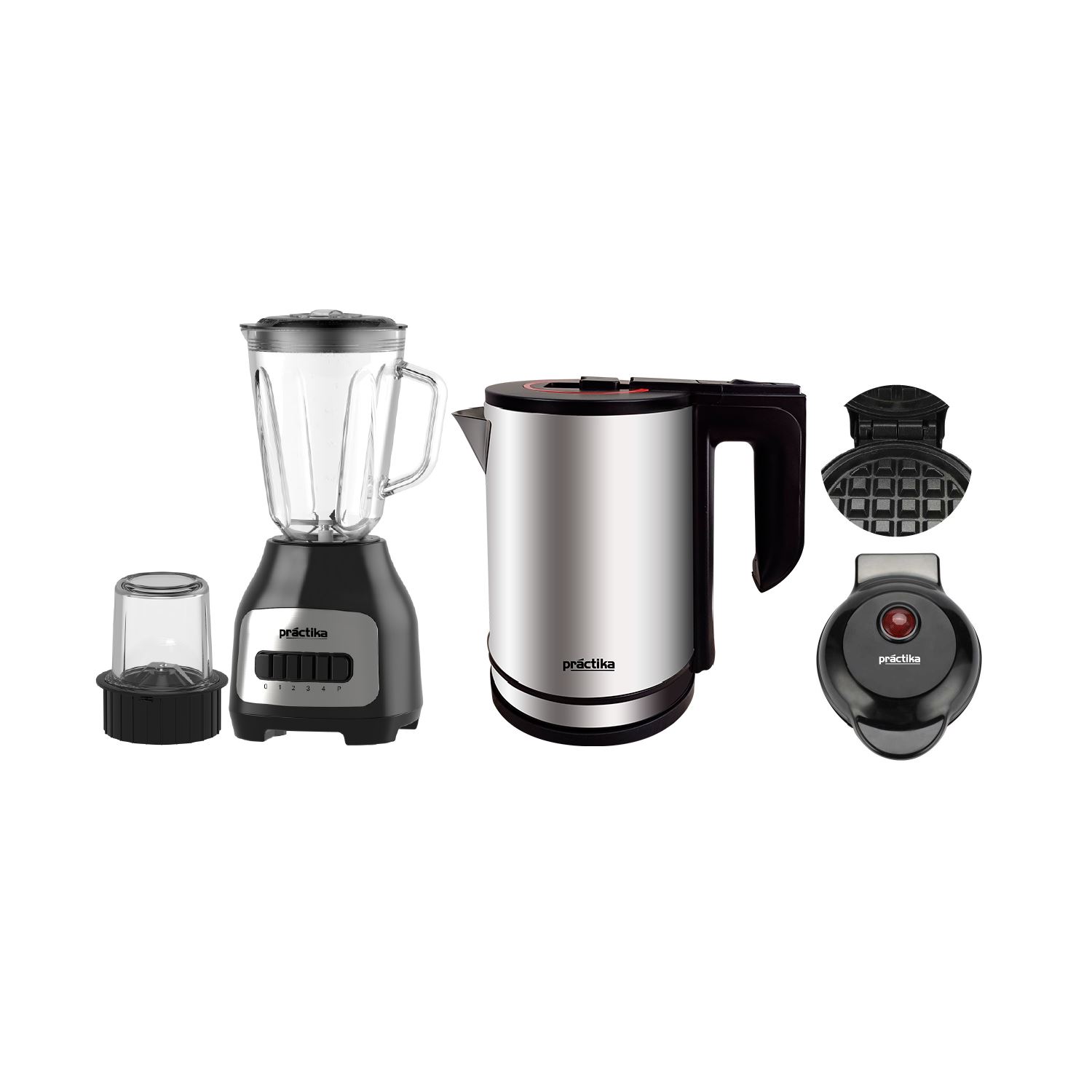 Tricombo Licuadora 600 W Bl-600+Hervidor Eléctrico Inox 18 Plus+MiniWaflera Negra